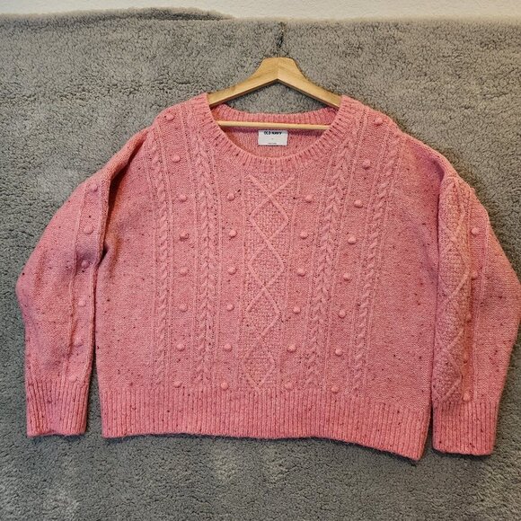Old Navy Sweater Womens XL Bright Pink Pom Pom Crew Neck Wool Classic Pullover - Picture 1 of 4